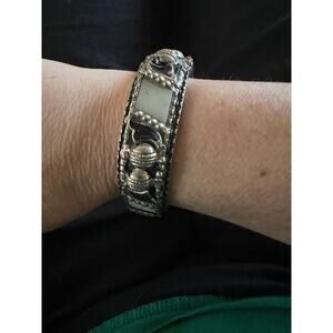 60s era silver-plated tribal glass panel hinged clamper bangle bracelet